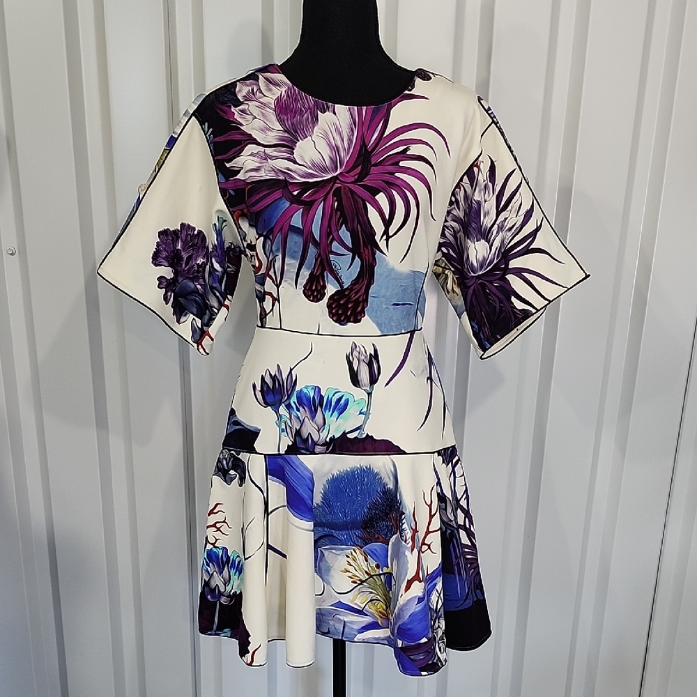 Roberto Cavalli Cream Mini Dress with Purple & Blue Floral Motif